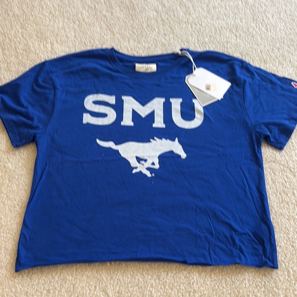 Blue SMU Short Sleeve Tee with White Graphic
